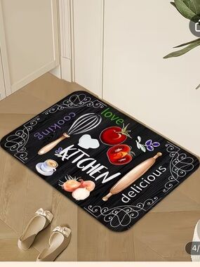 New Anti-Skid Black Kitchen Mat with Tomato & Utensil Print